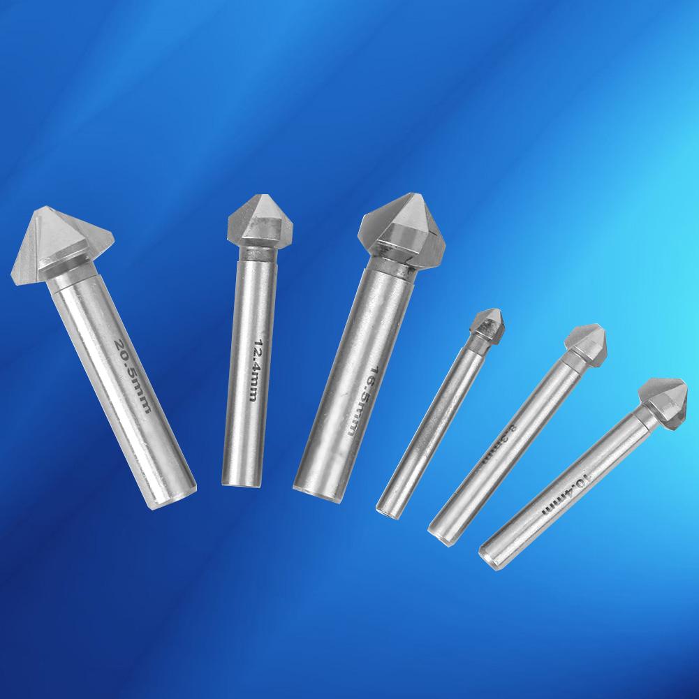 6pcs Chamfer Cutter Round Shank 3 Edged 90 Degree High‑Speed Steel Countersink Drill Bit Set