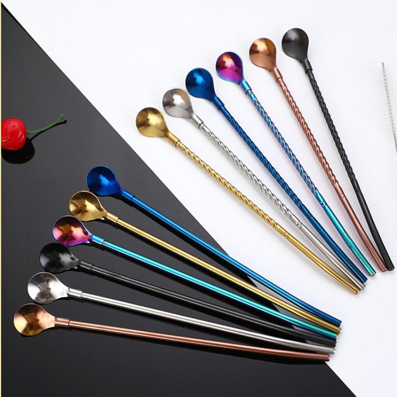 Long Twisted Straw Spoon Portable Stainless Steel Tea Scoop Bent Filter Colored Drinking Cocktail Coffee Stirring Spoons