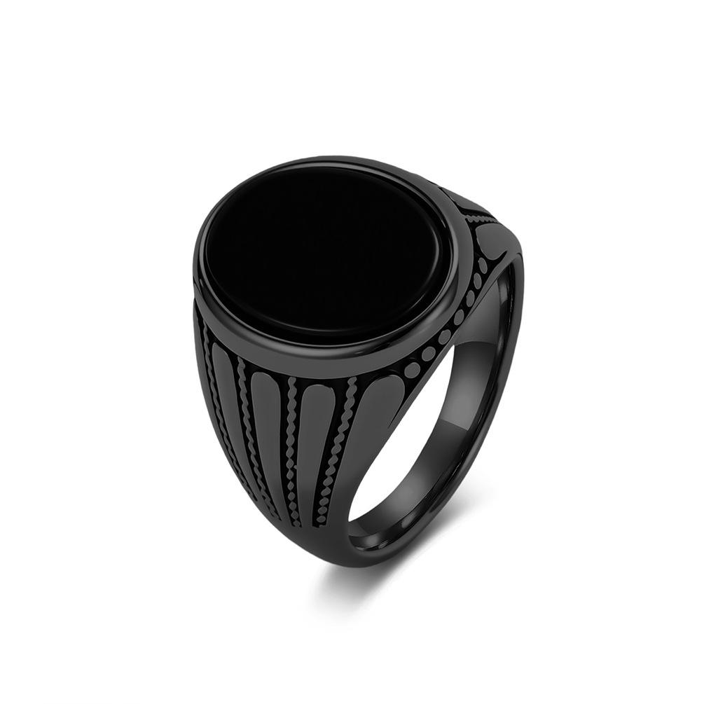 Trendy Retro Black Gemstone Titanium Steel Ring Men's Niche High-end Cold Wind Ring Hand Jewelry