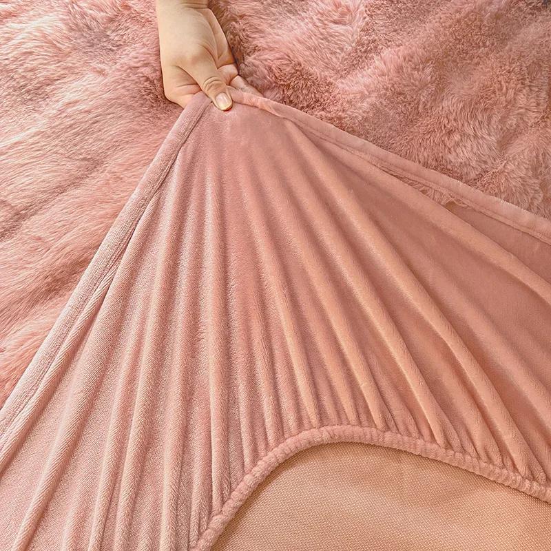 Soft Warm Plush Fitted Sheet Elastic Mattress Cover A-class Rabbit Plush Mattress Protective Cover Winter Double Bed Bedding