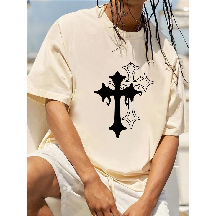 Men's Cross Printed Tee Multiple Color O-neck Short Sleeve T-shirt Clothes for Man