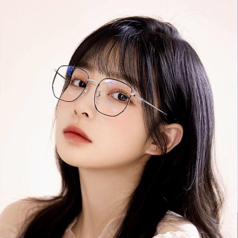 Student Glasses Frame Female Myopia Has Degree Anti-Blue Light, Large Metal Frame High-Value Flat Mirror