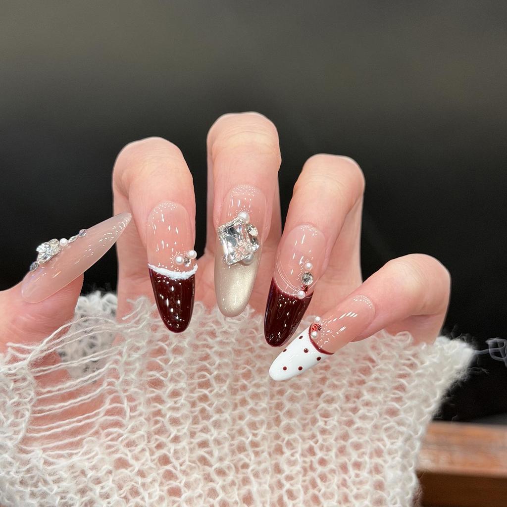 Cat Liqueur Chocolate Crisp Christmas New Year Blush French Glass Bead Diamond Handmade Wearable Nails