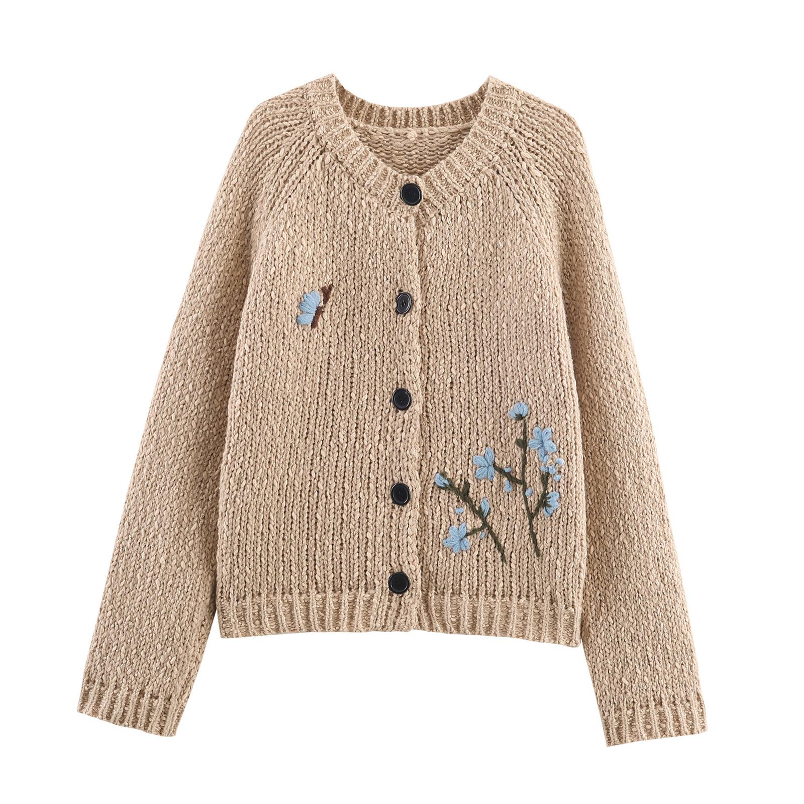 

Женский вышитый кардиган-жакет крупной вязки винтажного свободного кроя с круглым вырезом L хаки