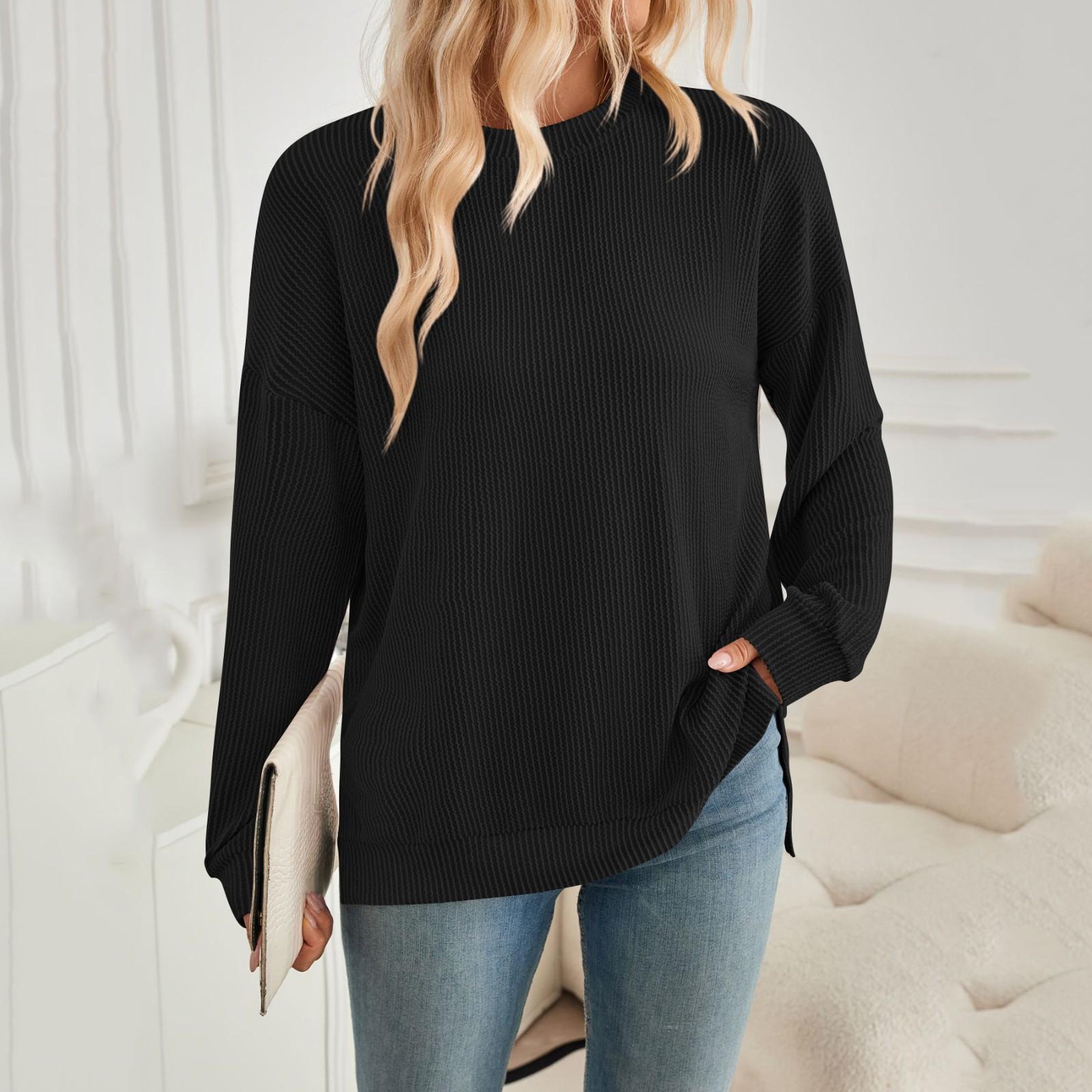 Женская мода круглый вырез в полоску с разрезом длинный рукав свободный свитшот топ — фото 8