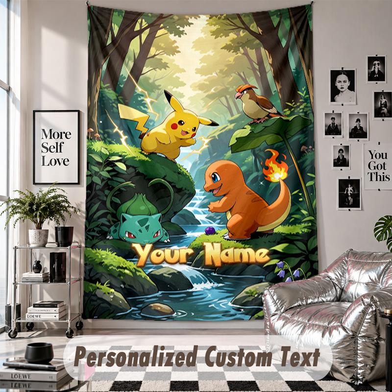 Wall Hanging Tapestry With Custom Name & Text, Pokémon Decorative Tapestry For Bedroom