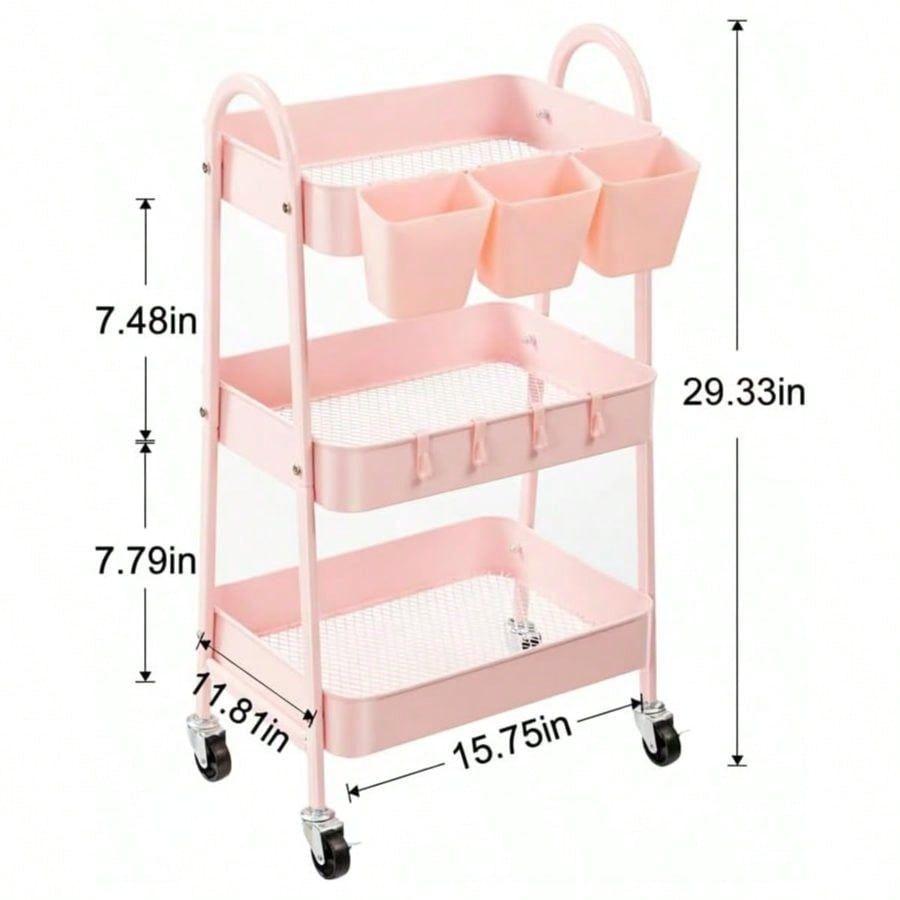 3-Tier Rolling Utility Cart With Lockable Wheels, Mobile Metal Storage Cart With Hanging Cups And Hooks For, Bathroom