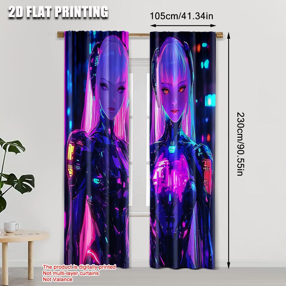 Elegant Set Of 2 Curtain Plane Printing Vibrant Cyberpunk Anime Girl Durable Polyester Fabric Without Rod Holiday Ldeal Made