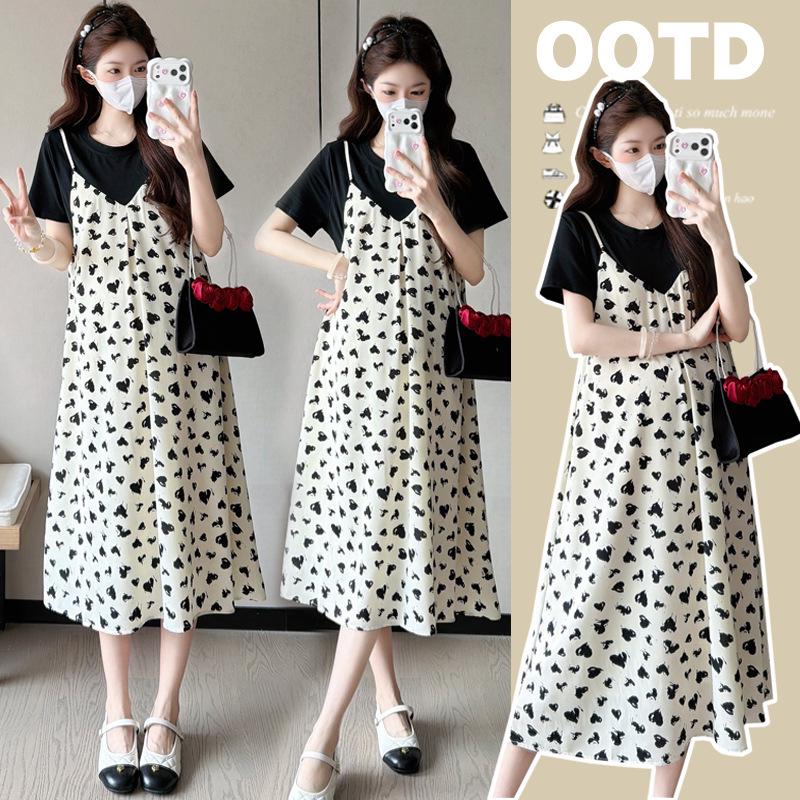 2026 Summer Heart Print Maternity Dress - Mid-Length Two-Piece Style 2XL