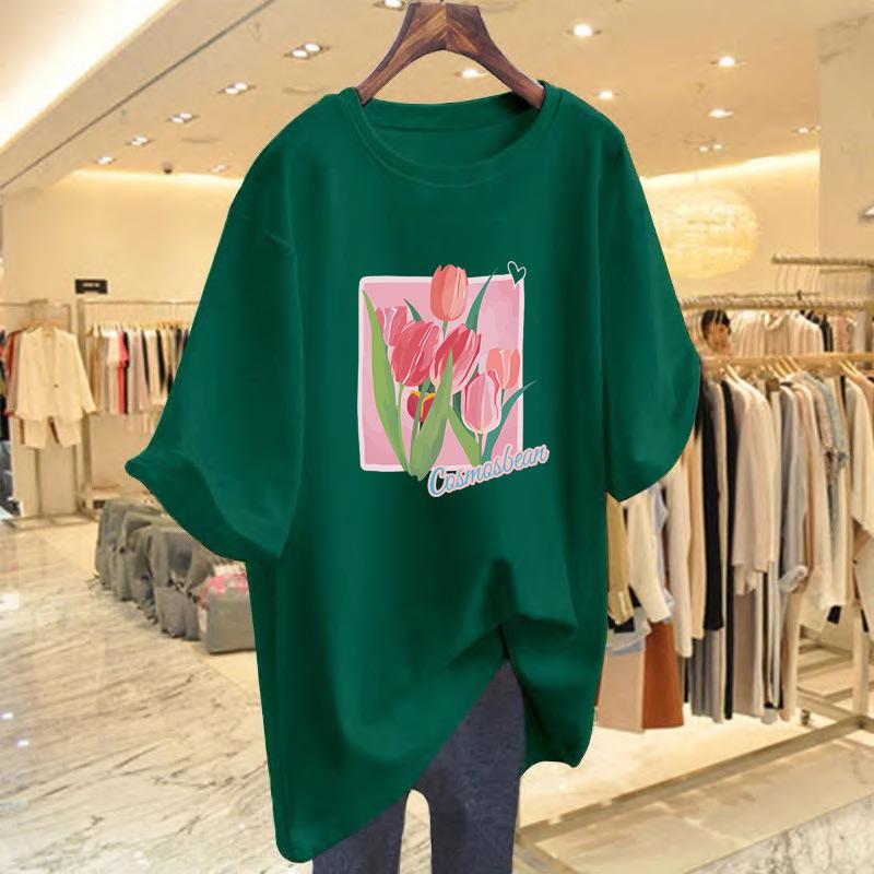 Loose flower print short-sleeved t-shirt women's new fashion alphabet top bottoming shirt
