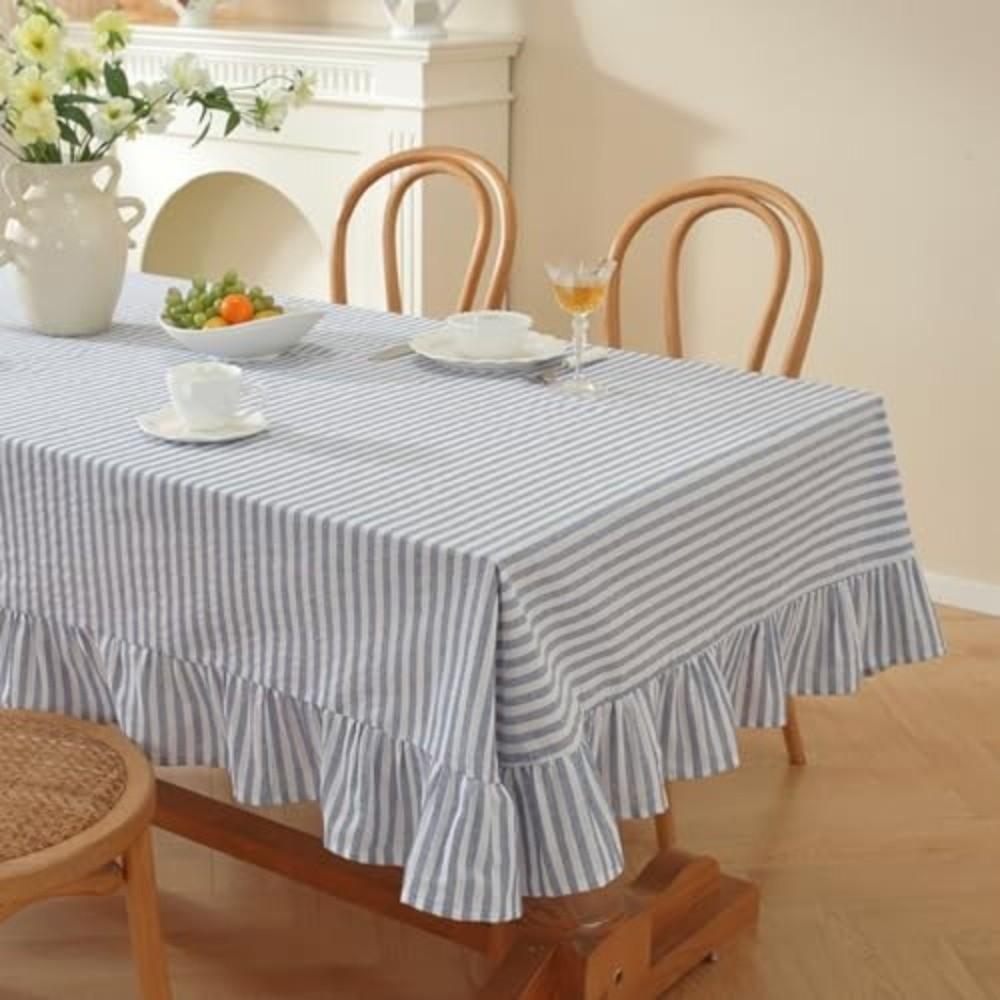 Vertical Striped Table Cover Washable Wrinkle-Resistant Farmhouse Tablecloth Ruffle Trim Striped Ruffle Tablecloth Dining Party
