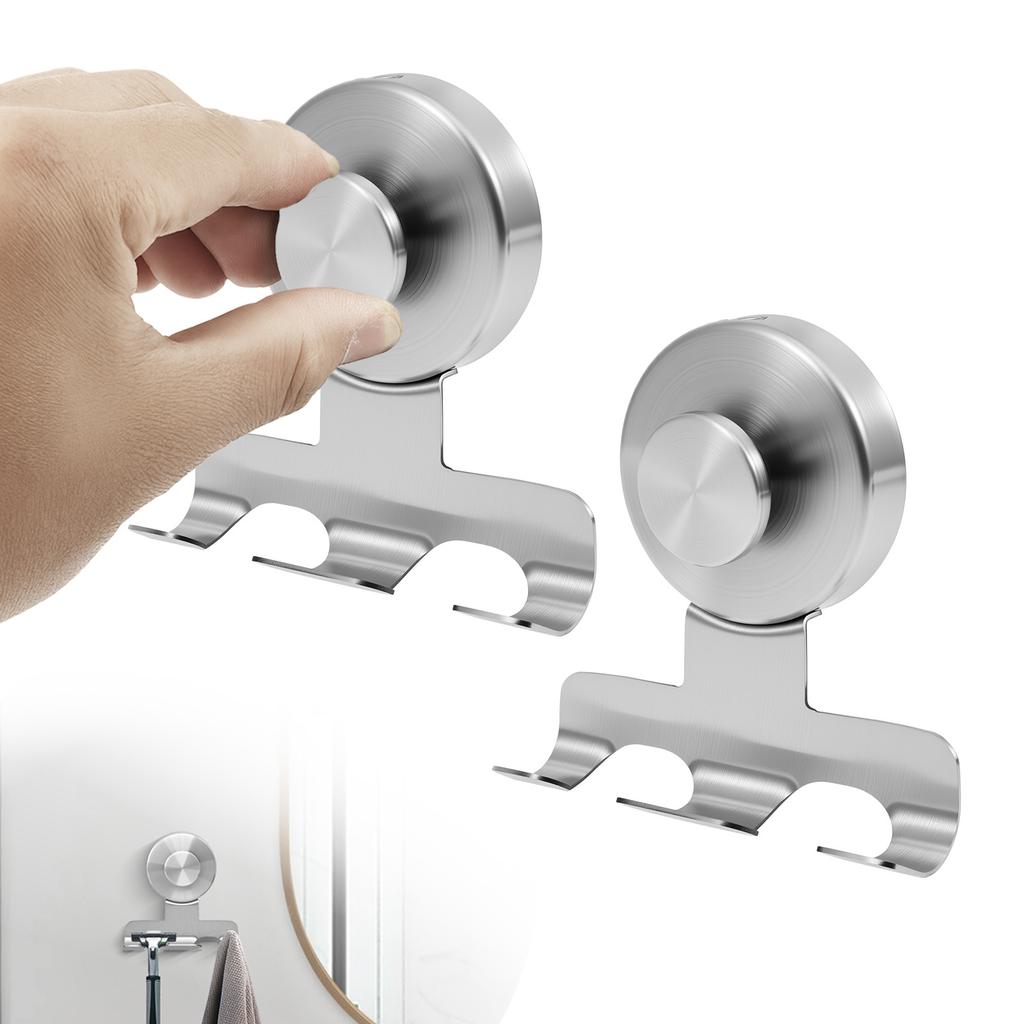 2Pcs Stainless Steel Suction Cup Shaver Holder Washroom Wall Mounted No Drilling Detachable Bathroom Shaver Hook Organizer