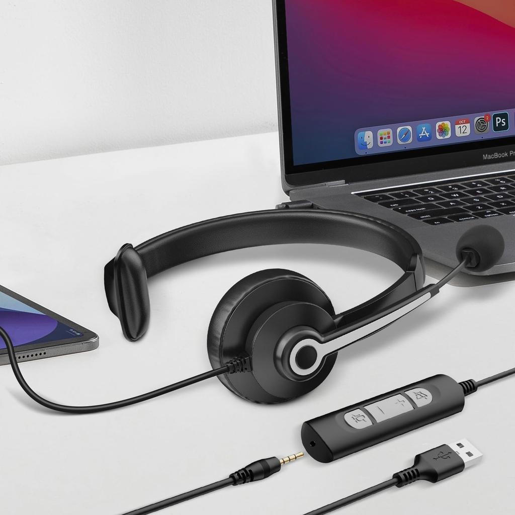 Wantek Headset Single Ear Noise Canceling Microphone Wired Headset Suitable for Web Voice Remote Home Work Professional Business PC Headphones