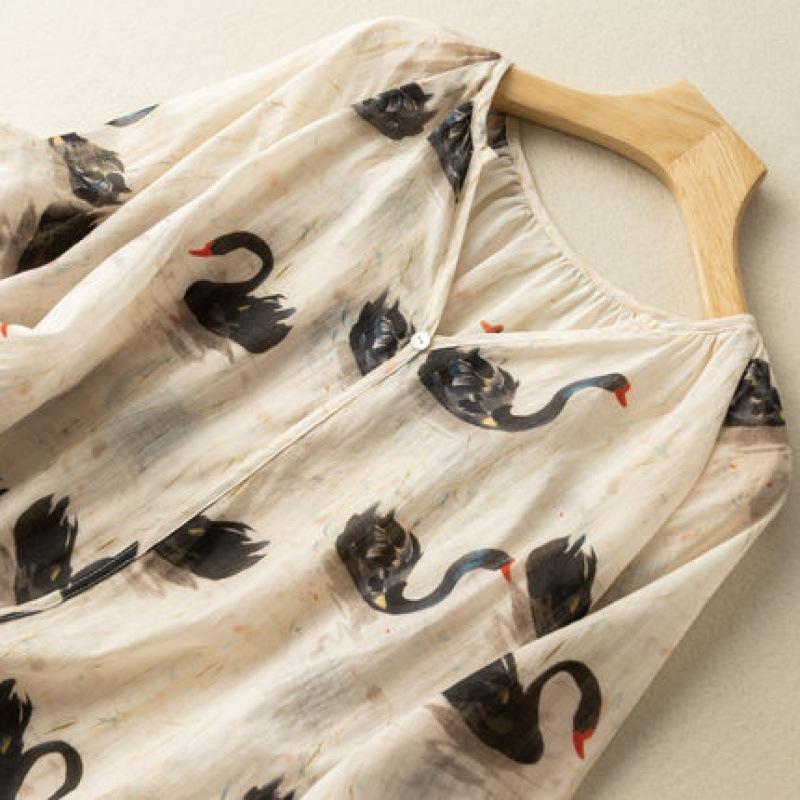 Summer Literature Loose Cotton Linen Printed V-neck Five Quarter Sleeved Shirt Women's Pullover Shirt Top