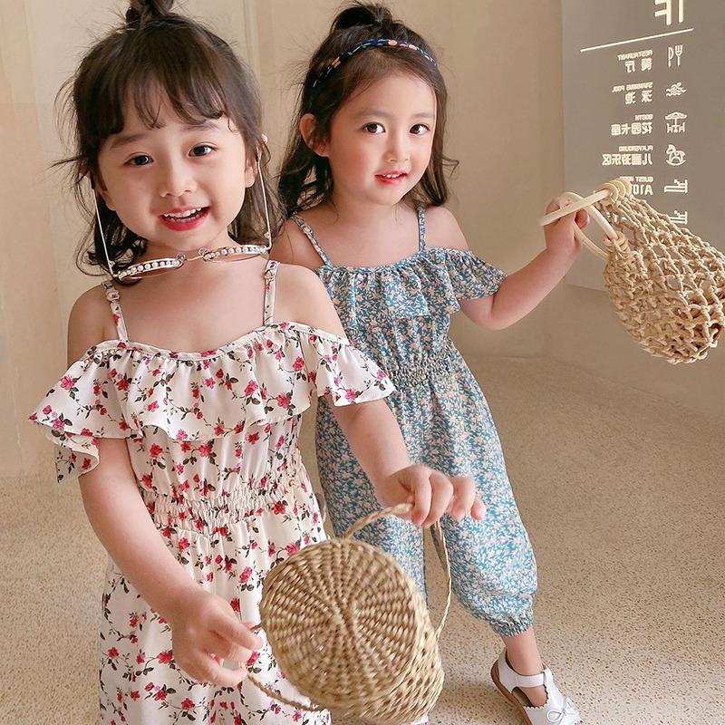 Dievčenské kombinézy v západnom štýle Net Celebrity Kvetinové Jednodielne oblečenie Bez ramienok Detské kombinézy
