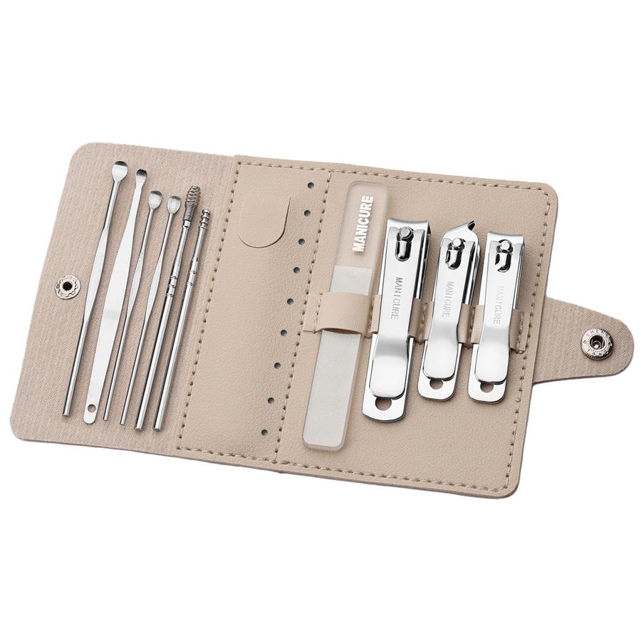

Набір з 10 кусачок для нігтів з нержавіючої сталі з пушером для кутикули, пилкою для нігтів, інструментом для видалення вушної сірки та шкіряним чохлом срібний