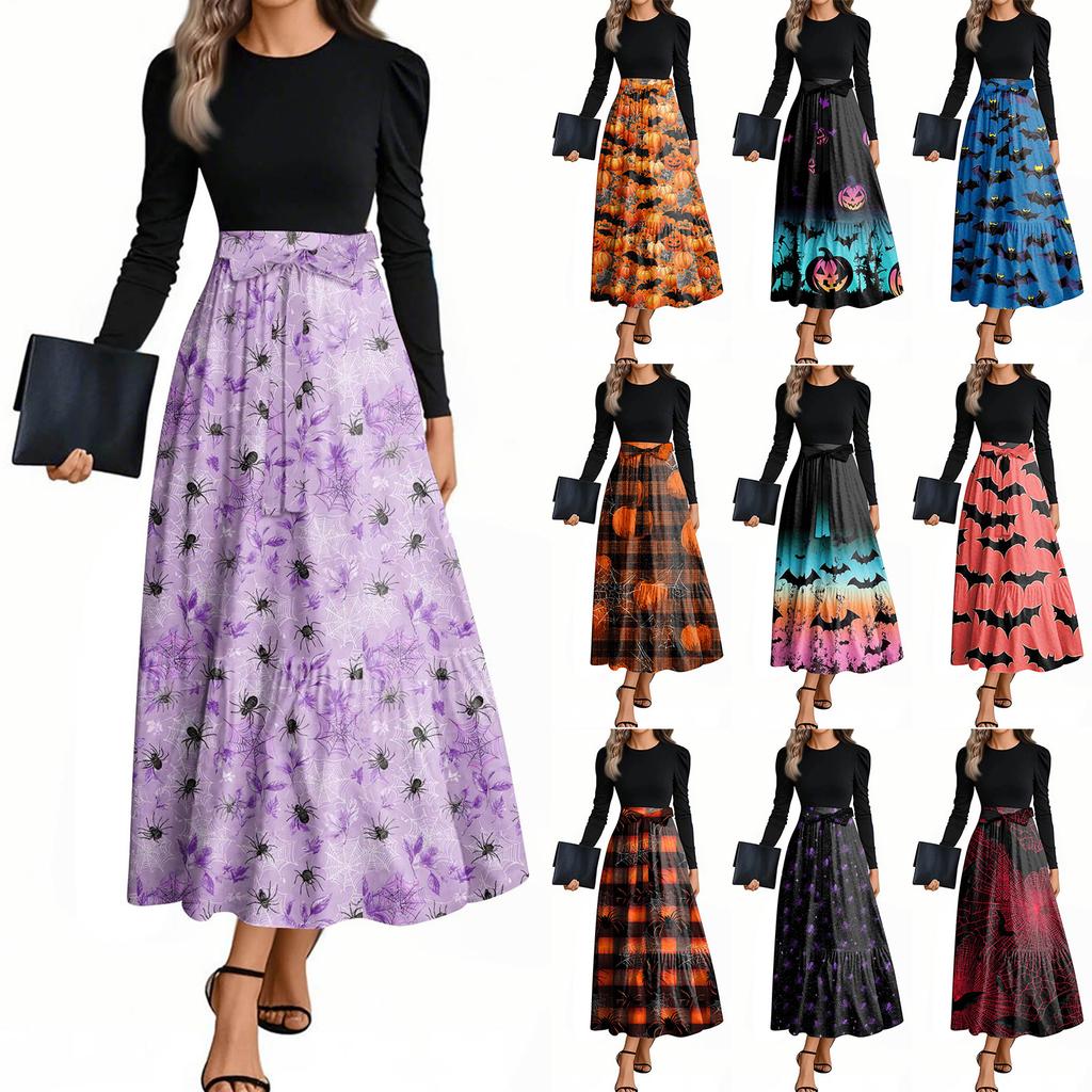 Women's Fashion Casual Belted Long Sleeve Round Neck Halloween Printed Elegant Temperament Dresses