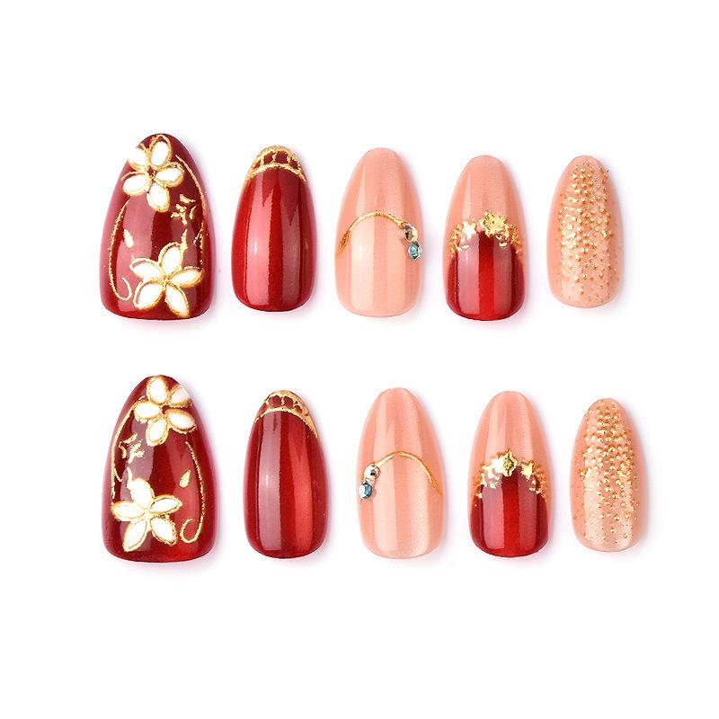 30-Piece Gold Foil & Red Flower Cat Eye Almond Nails with Rhinestones