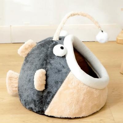Universal Cartoon Lantern Fish Cat Bed Cozy Warm Semi Enclosed Cat House Washable Soft Cave Cats Beds Four Seasons
