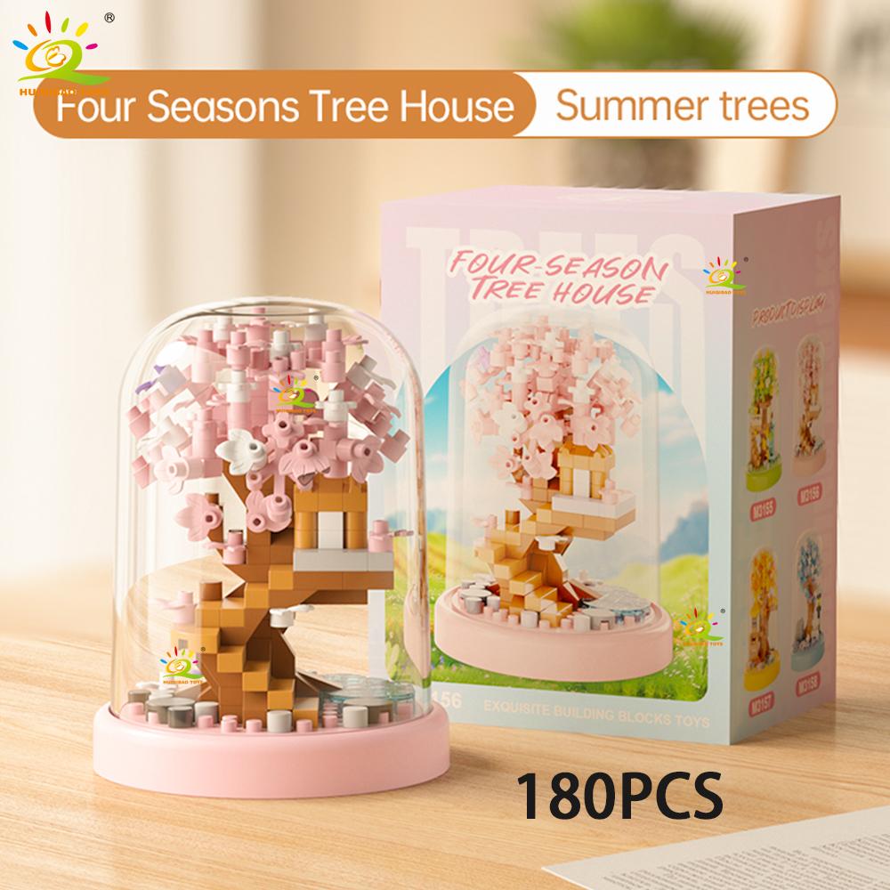 HUIQIBAO MOC Four Season Mini Tree House with Display Box Model Micro Building Block Diamond Brick Toy for Children Desk Decor.