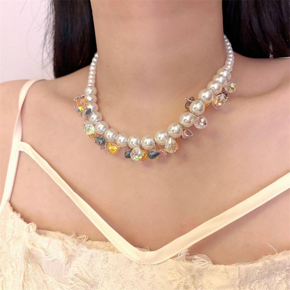 Sweet Pearl Beaded Necklace Dopamine Style Pearl Choker Jewelry Colored Zircon Necklace  Women