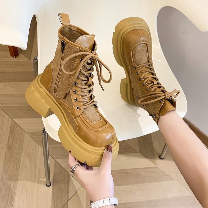 Thick-soled New Short Boots Martin Boots Big Yellow Boots Outdoor British Wind Locomotive Boots Spring and Autumn Mountaineering Women's Canvas