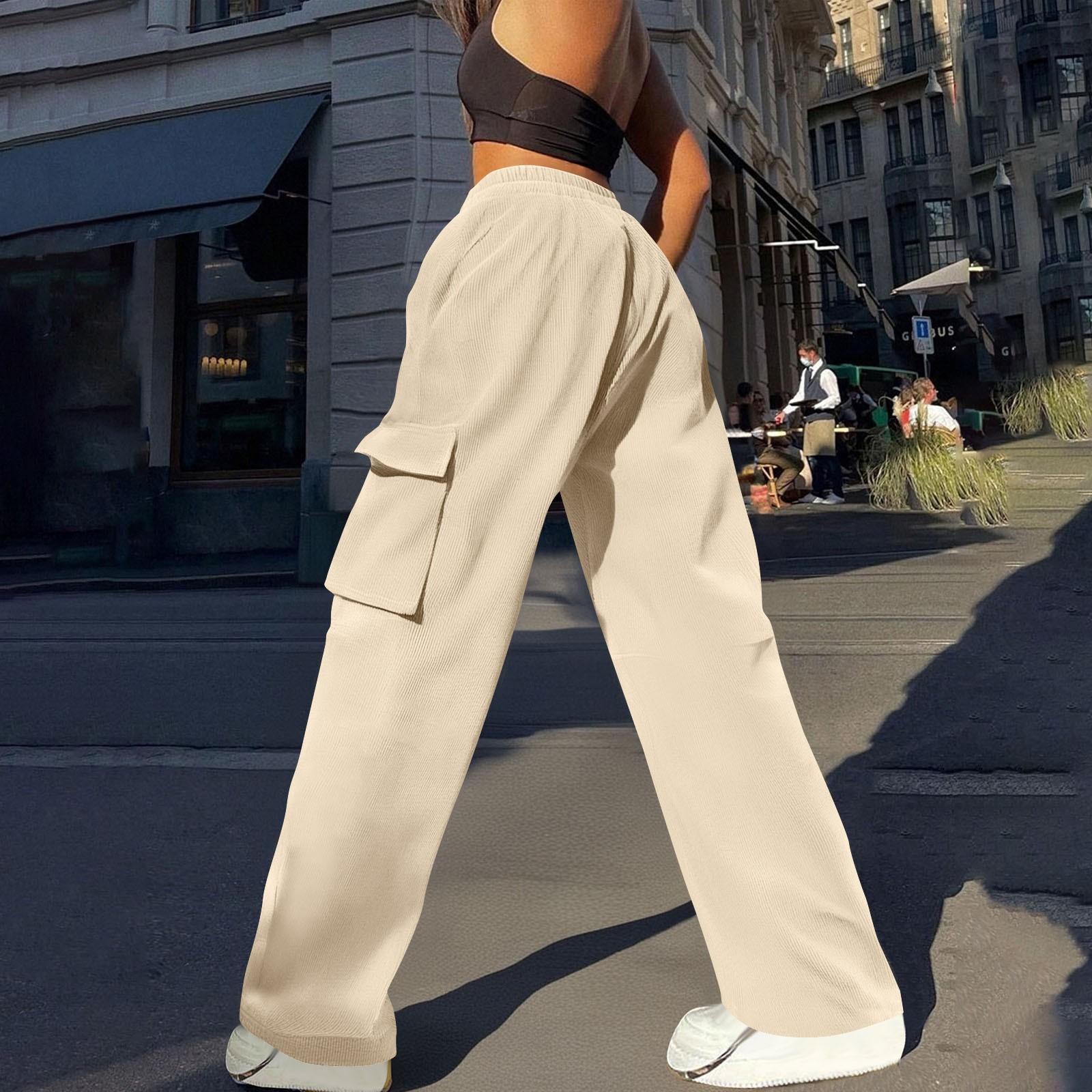 

Womens Trendy Casual Streetwear Baggy Cargo Pants With Pockets Wide Leg Trousers Loose Overalls Long Pants XL бежевый