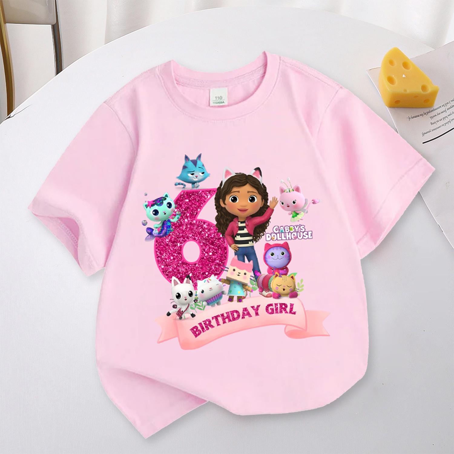 

Gabbys Dollhouses Birthday Number T-shirt Girls White Pink Short Sleeve T-shirts Tops Cotton Summer Casual Party Supplies Tee 150