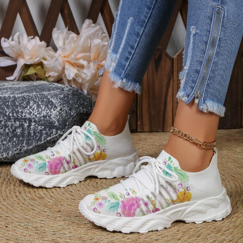 Fashion Women's 2024 New Fashion Mesh Plant Print Breathable Slip-on Casual Sneakers