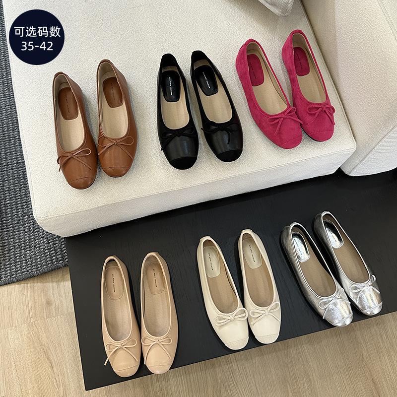 Fashion rose red bowtie flat shoes woman flock ballet flats  designer bow moccasins big size 35-42 slip on loafers zapatillas mujer