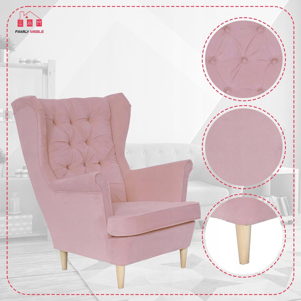 Fotel uszak Gaja skandynawski Family Meble pudrowy różowy jasny wygod