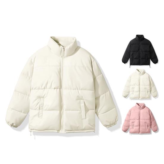 Men Cotton Coat Solid Color Stand Collar Long Sleeve Down Coat with Pockets Winter Thickened Warm Outerwear