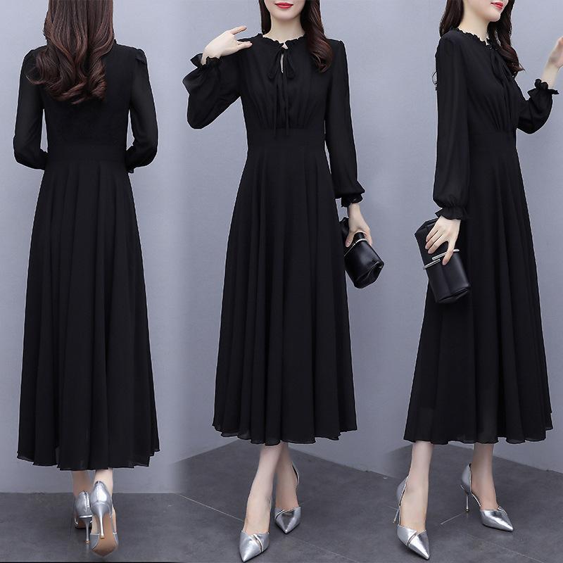 2026 New Women's Long-sleeved Lace-up Collar Solid Color Chiffon Dress Slim and Thin Beach Vacation Long Swing Dress