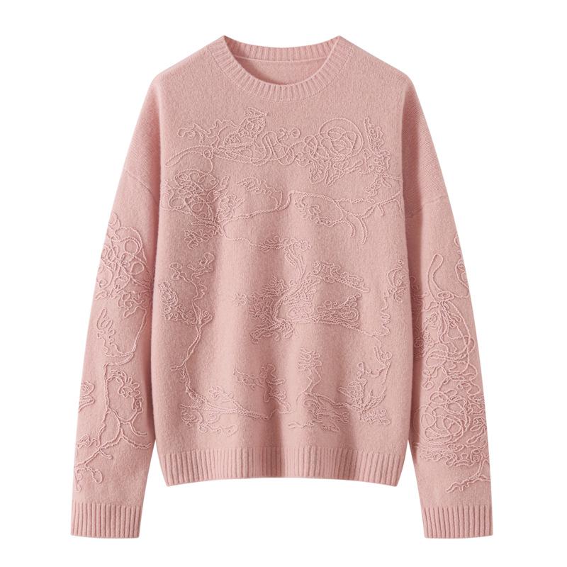 Women's Jacquard Design Wool Sweater: French Autumn/Winter Slimming Round Neck Long Sleeve Pullover.