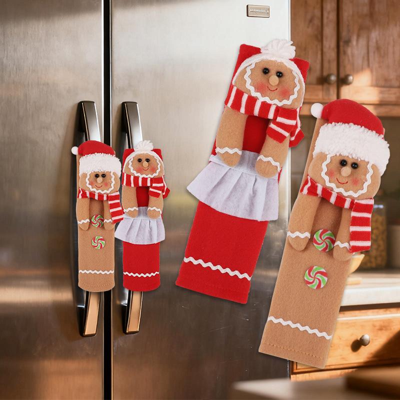 2Pcs Christmas Refrigerator Handle Covers Gingerbread Man Door Handle Cover Christmas Home Kitchen Decoration New Year Gifts