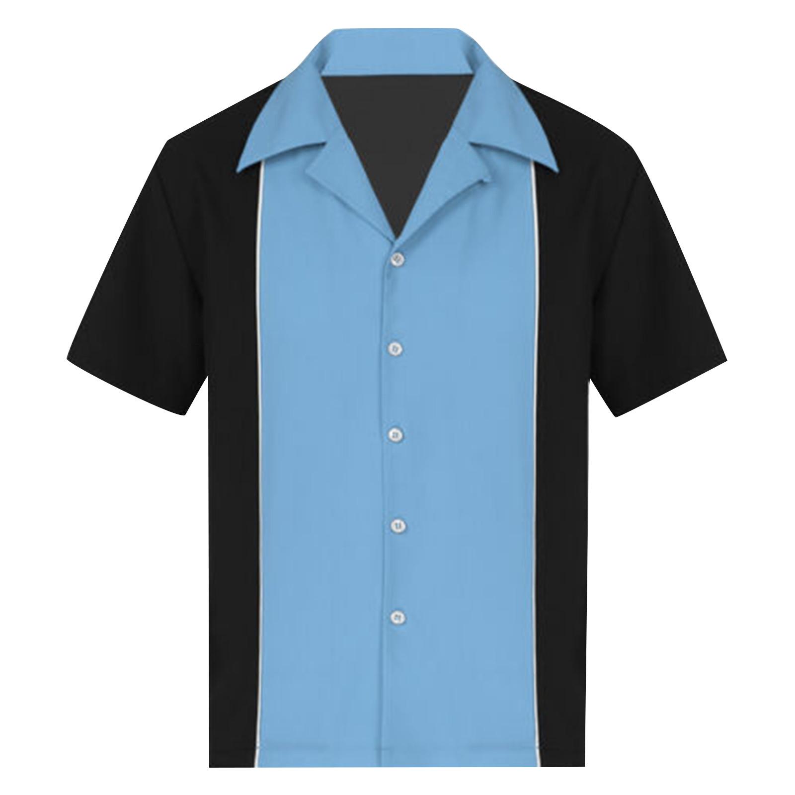 

Гавайская рубашка для мужчин, мужские винтажные рубашки для боулинга на пуговицах, летняя пляжная рубашка с коротким рукавом L синий