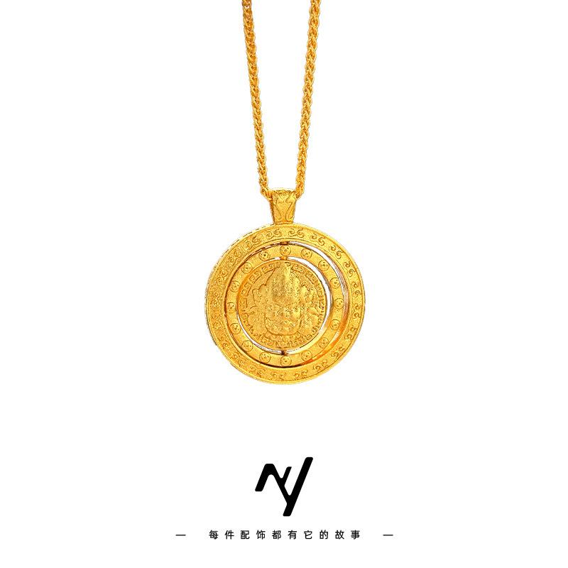 Luxury 24K 9999 Pure Gold real gold Women's Rotatable Three-Circle Yellow God of Wealth Pendant Rotatable Pendant Necklace