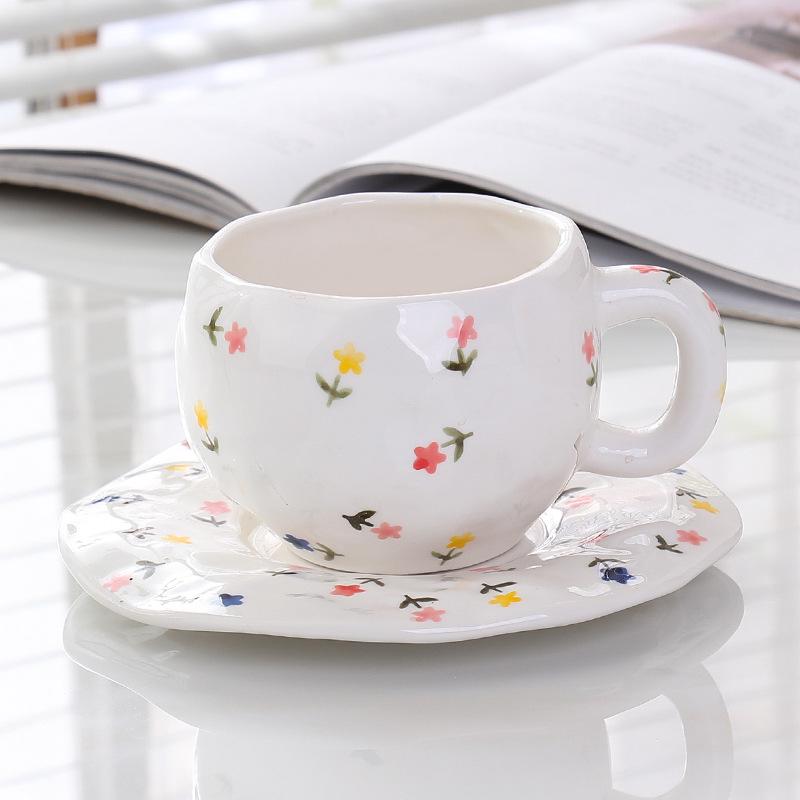 Korean Hand-Painted Ceramic Cup & Saucer Set - Creative Irregular Design for Coffee & Tea