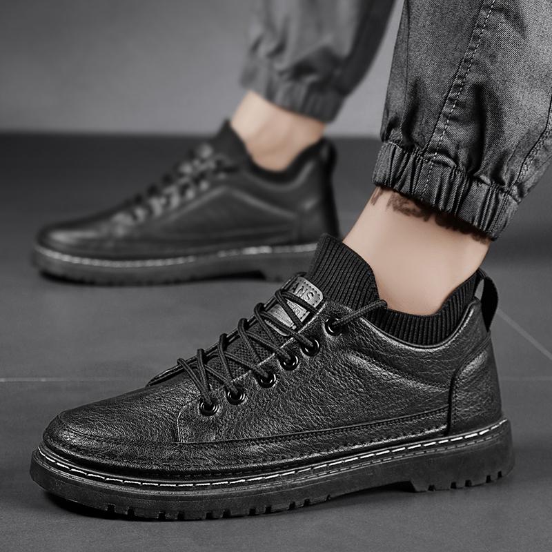 Fashion Men's Shoes 2025 New Autumn Black Leather Shoes Anti-skid Wear-resistant Light Board Shoes Breathable Booster Men Sneakers