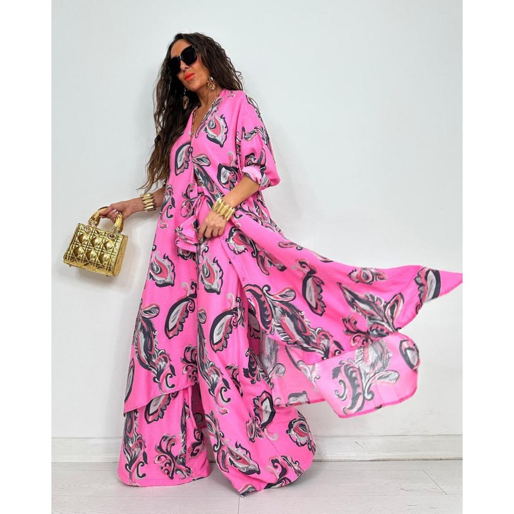 Autumn New Women's Lapel Printed Mid-length Top and Wide-leg Pants Two-piece Set
