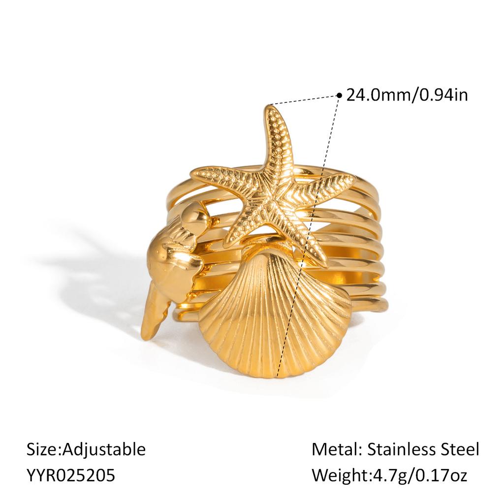 2025 Summer Ocean Rings For Women Gold Color Stainless Steel Shell Starfish Charm Figure Accessory