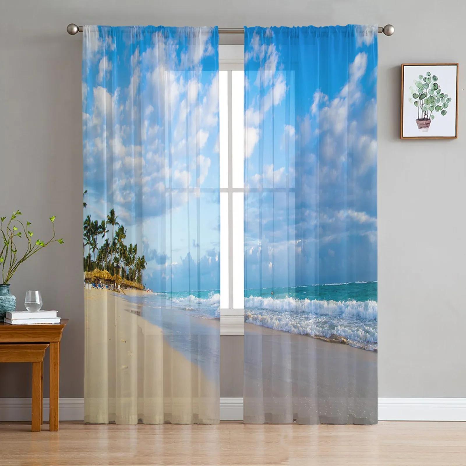 

Blue Sky Pure White Clouds Grassland Soft Tulle Window Panel Drapes Living Room Silk-like Fabric Transparent Transparent Fabric Curtain Bedroom W135 x H115cm x1&Rod Pocket