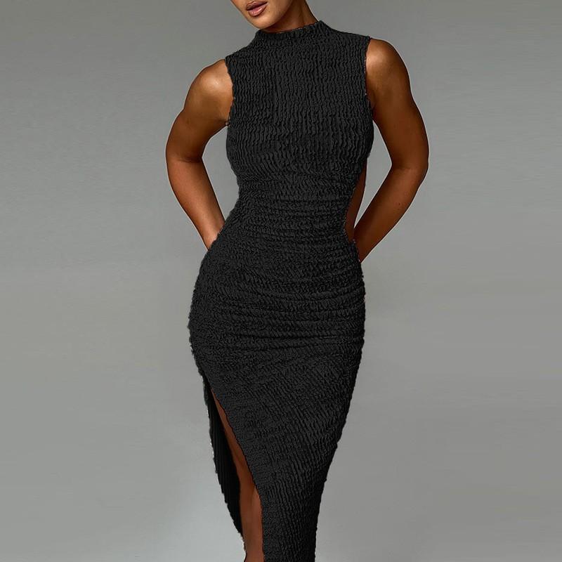 Summer new, European and American style fashion vest texture halter split tight dress women s clothing S