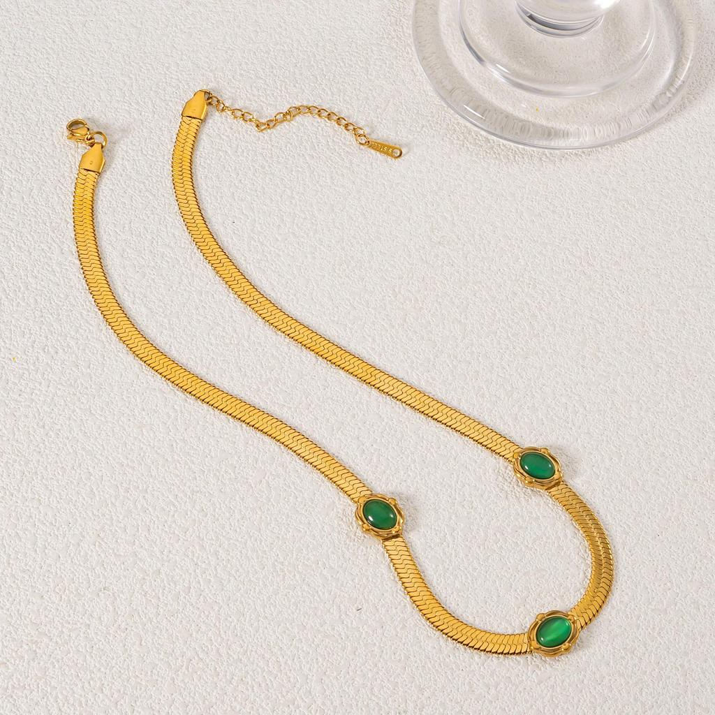New Gold-Plated Stainless Steel Emerald Necklace - Women's Light Luxury, Fade-Resistant Chinese Style