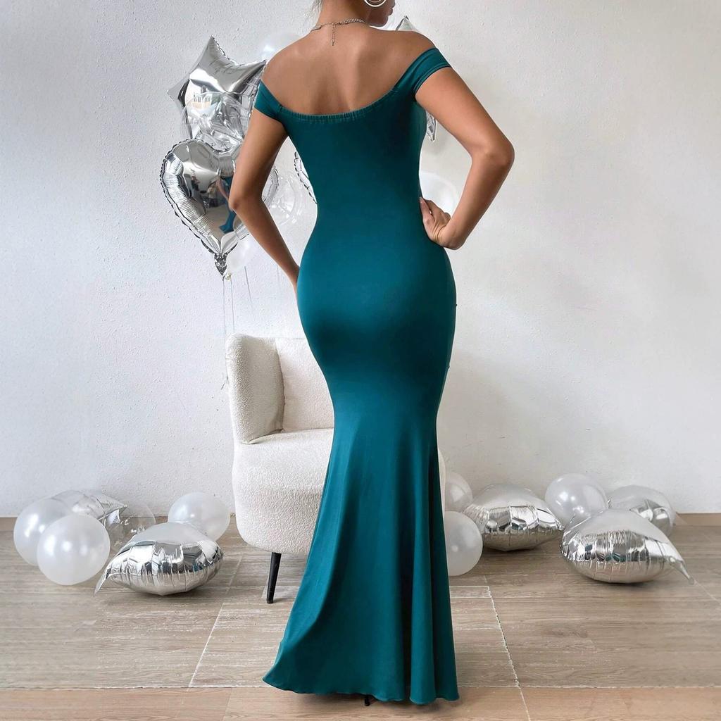 New Off-shoulder Pleated Mermaid Long Dress, Sexy Slit, Slimming, Fitting, Waist-controlling, Hip-hugging Evening Gown