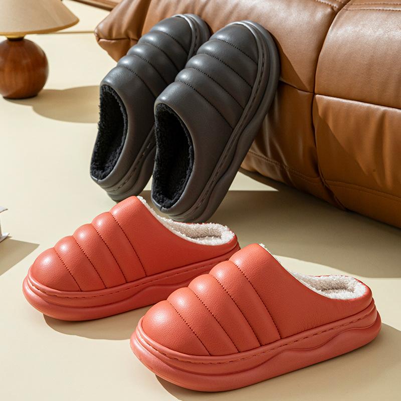 

Unisex Autumn Winter Large Size PU Indoor Cotton Slippers Men Casual Velvet Fur Cotton Shoes Women Warm Anti Slip Slippers For Couples 36-45 36-37