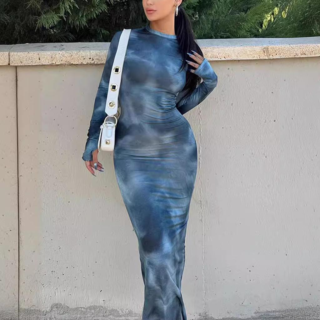 Vestidos de mujer de primavera y otoño con efecto tie-dye, manga larga, ajustados y con efecto tie-dye