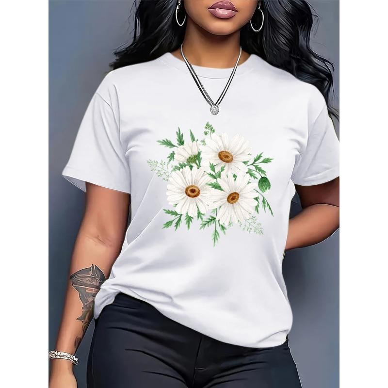 

Women s Oversized T-Shirt - Black & White Daisy Floral Print Loose Fit Casual Short Sleeve Top, Everyday Comfortable Shirt for Women S белый