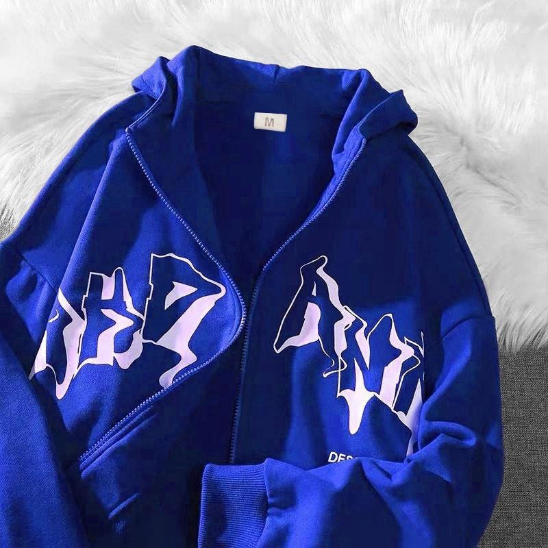 226 Gothic Print Zip Up Hoodie Unisex Women Casual Fall Winter Loose Fit