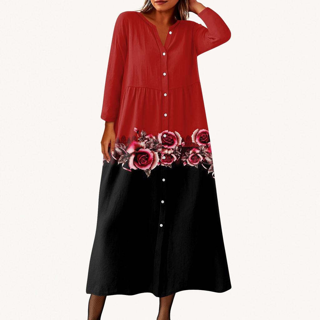 Women's Fashionable Printed Round Neck Seven Quarter Sleeve Button Loose Shirt Dress